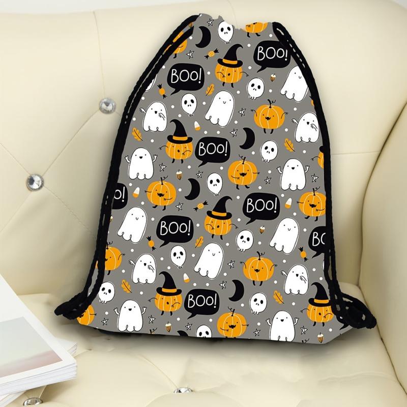 Halloween Pumpkin & Ghost Pattern Drawstring Backpack
