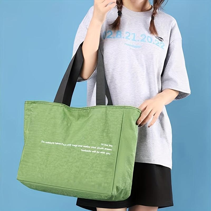 XL Nylon Tote w/ Letter Graphic Shoulder Bag Zippered Reusable Shopping Bag