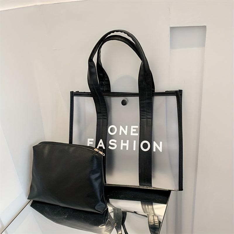 Large Capacity Transparent Tote Bag Letter Print Women's Shoulder Bag