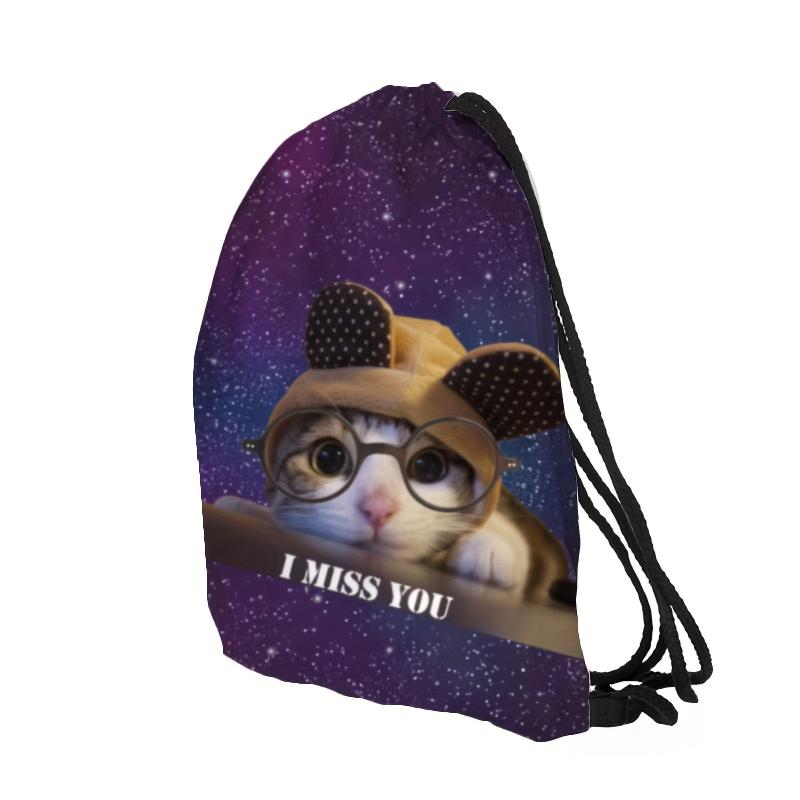 Cat Pattern Backpack Lightweight Drawstring Waterproof Sporty Knapsack