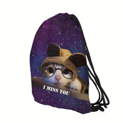Cat Pattern Backpack Lightweight Drawstring Waterproof Sporty Knapsack