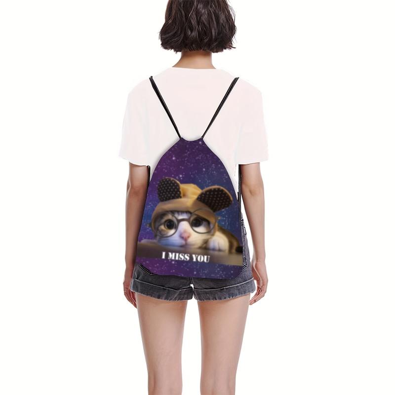 Cat Pattern Backpack Lightweight Drawstring Waterproof Sporty Knapsack