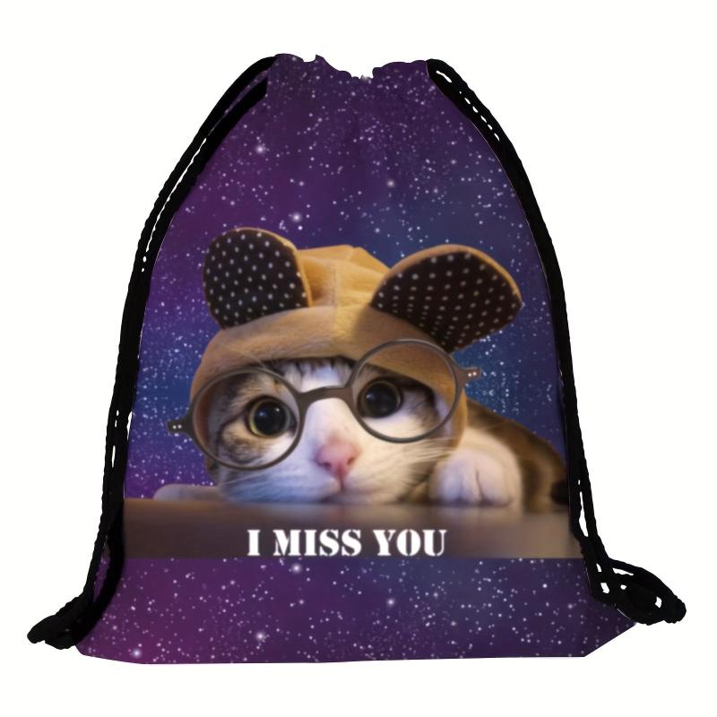 Cat Pattern Backpack Lightweight Drawstring Waterproof Sporty Knapsack