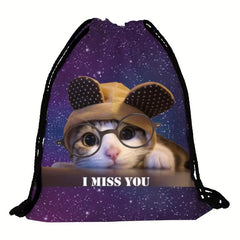 Cat Pattern Backpack Lightweight Drawstring Waterproof Sporty Knapsack