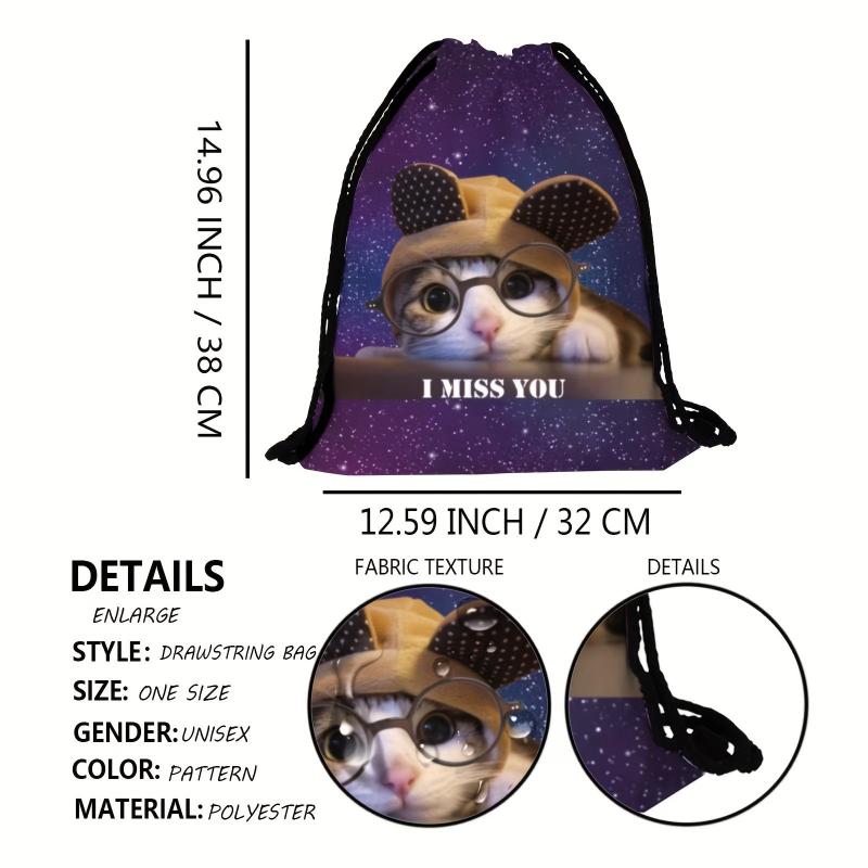 Cat Pattern Backpack Lightweight Drawstring Waterproof Sporty Knapsack