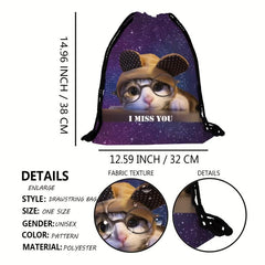 Cat Pattern Backpack Lightweight Drawstring Waterproof Sporty Knapsack
