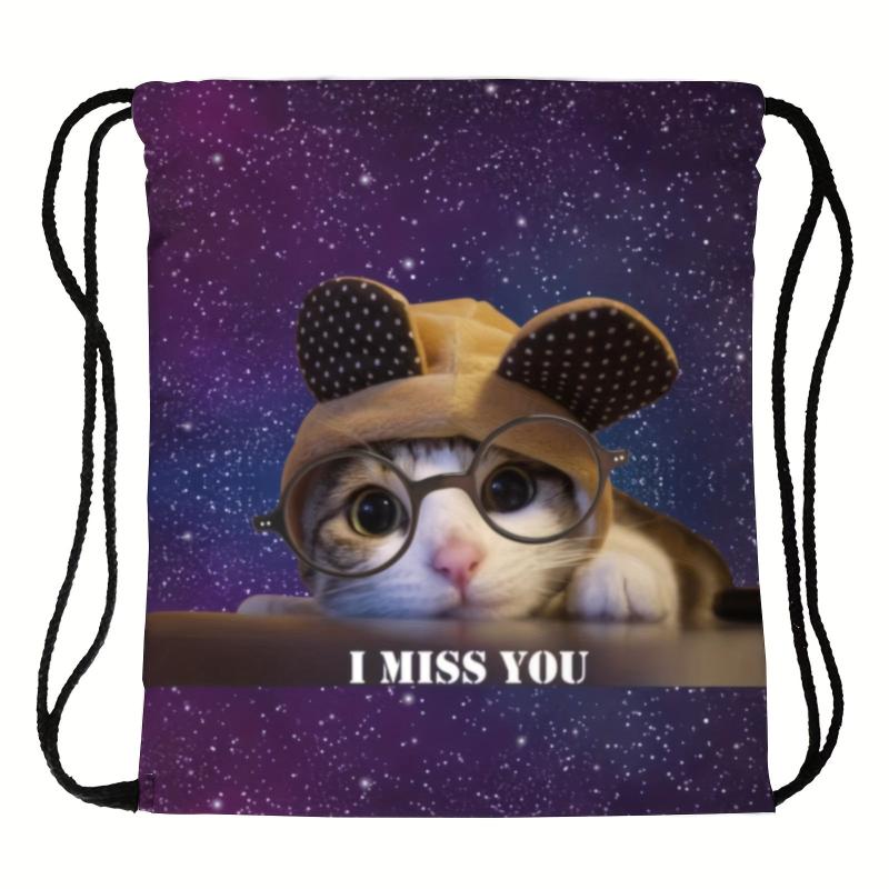 Cat Pattern Backpack Lightweight Drawstring Waterproof Sporty Knapsack