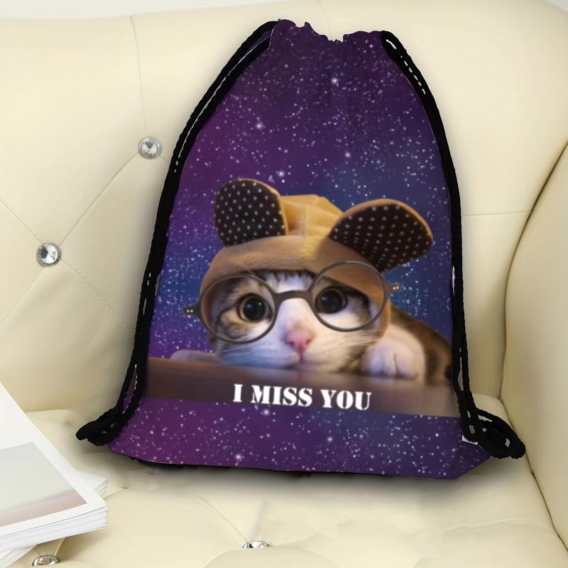 Cat Pattern Backpack Lightweight Drawstring Waterproof Sporty Knapsack