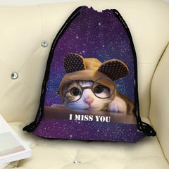 Cat Pattern Backpack Lightweight Drawstring Waterproof Sporty Knapsack