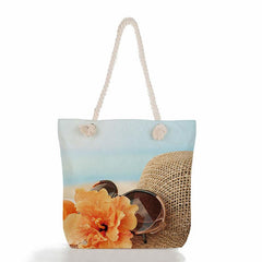 Seaside Shell Print Beach Bag Rope Strap Reusable Shopping Vacation Shoulder Bag