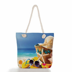 Seaside Shell Print Beach Bag Rope Strap Reusable Shopping Vacation Shoulder Bag