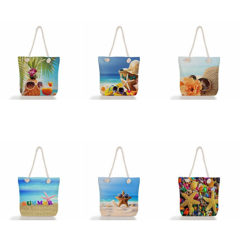 Seaside Shell Print Beach Bag Rope Strap Reusable Shopping Vacation Shoulder Bag