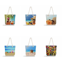 Seaside Shell Print Beach Bag Rope Strap Reusable Shopping Vacation Shoulder Bag
