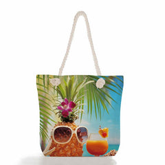 Seaside Shell Print Beach Bag Rope Strap Reusable Shopping Vacation Shoulder Bag