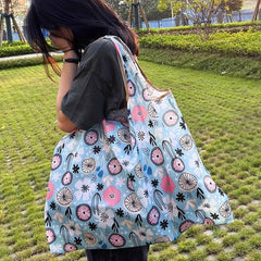 Large Floral Shopper Bag Lightweight Reusable Shoulder Bag