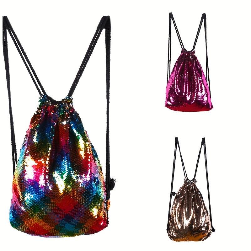 Mermaid Sequins Drawstring Backpack Gym Bag Outdoor Travel Rucksack