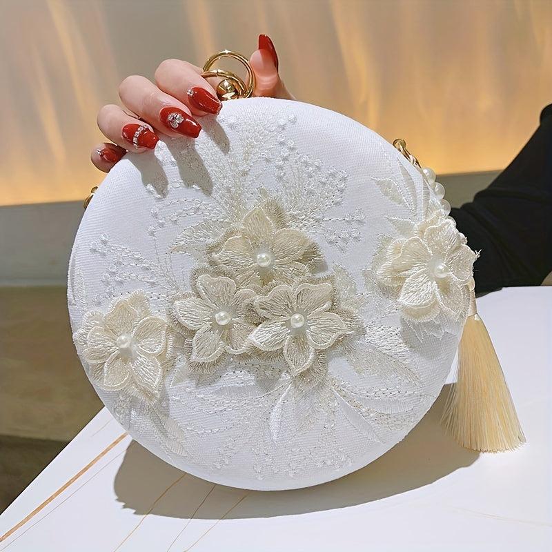 Floral Embroidery Round Evening Bag Clutch Wedding Purse For Women