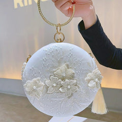 Floral Embroidery Round Evening Bag Clutch Wedding Purse For Women