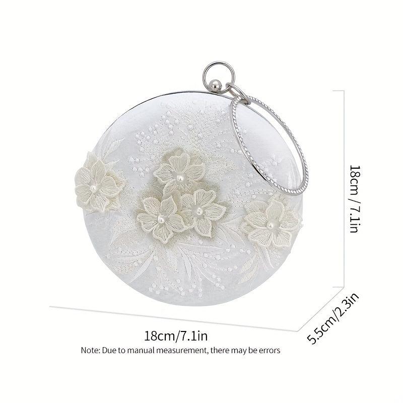 Floral Embroidery Round Evening Bag Clutch Wedding Purse For Women