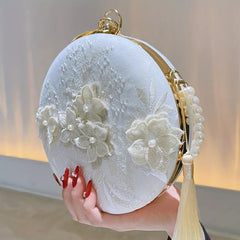 Floral Embroidery Round Evening Bag Clutch Wedding Purse For Women