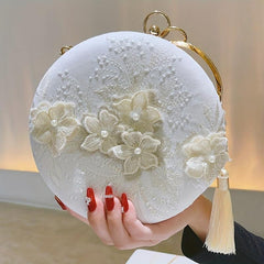 Floral Embroidery Round Evening Bag Clutch Wedding Purse For Women