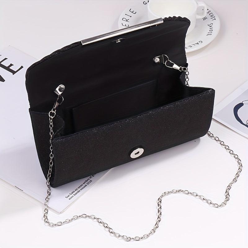 Glitter Shell Pattern Clutch Bag with Metal Chain - Party Crossbody Bag