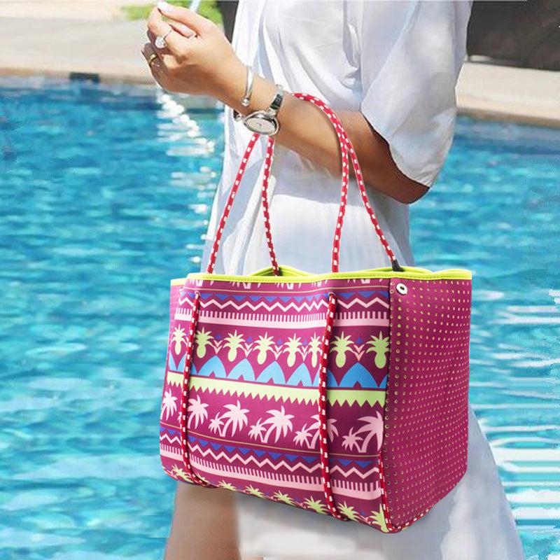 Stylish Beach Print Portable Handbag Large Capacity Snap Button Beach Bag
