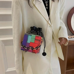 Square Bucket Mini Crossbody Bag Geometric Drawstring Purse