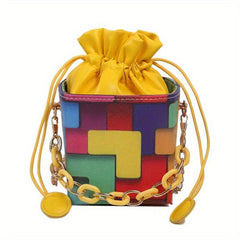 Square Bucket Mini Crossbody Bag Geometric Drawstring Purse