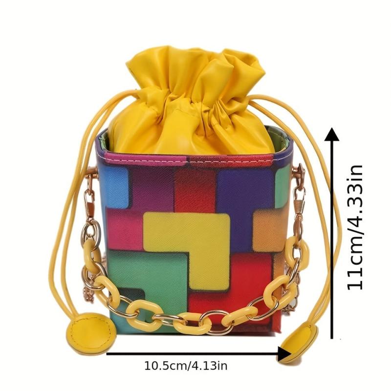 Square Bucket Mini Crossbody Bag Geometric Drawstring Purse