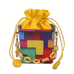 Square Bucket Mini Crossbody Bag Geometric Drawstring Purse