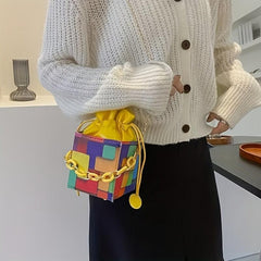 Square Bucket Mini Crossbody Bag Geometric Drawstring Purse