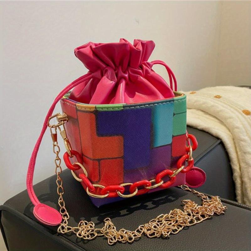 Square Bucket Mini Crossbody Bag Geometric Drawstring Purse