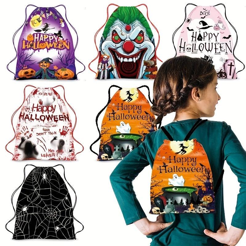 Halloween Drawstring Backpack Ghost Skull Elf Print Bag