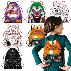 Halloween Drawstring Backpack Ghost Skull Elf Print Bag