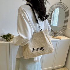 Boho Straw Woven Beach Bag with Letter Embroidery