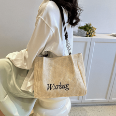 Boho Straw Woven Beach Bag with Letter Embroidery