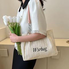 Boho Straw Woven Beach Bag with Letter Embroidery