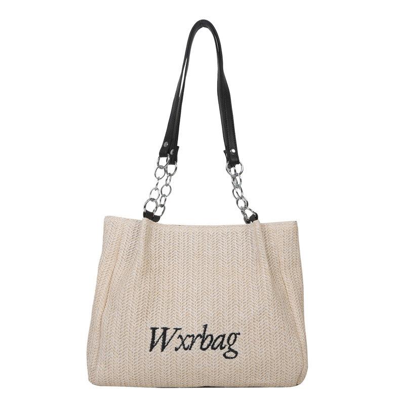 Boho Straw Woven Beach Bag with Letter Embroidery