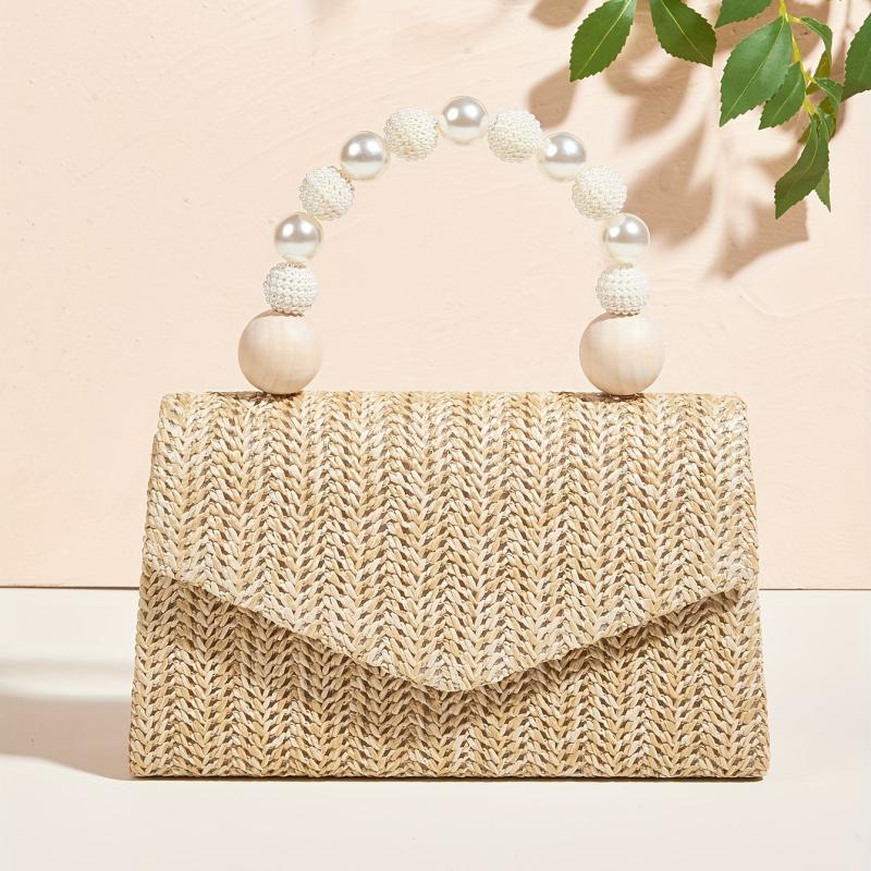 Straw Woven Evening Bag with Faux Pearl Handle Clutch Purse