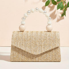 Straw Woven Evening Bag with Faux Pearl Handle Clutch Purse