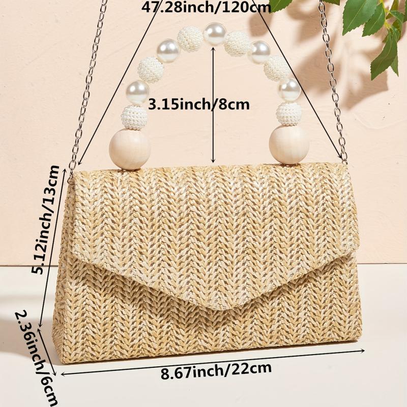 Straw Woven Evening Bag with Faux Pearl Handle Clutch Purse