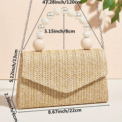 Straw Woven Evening Bag with Faux Pearl Handle Clutch Purse