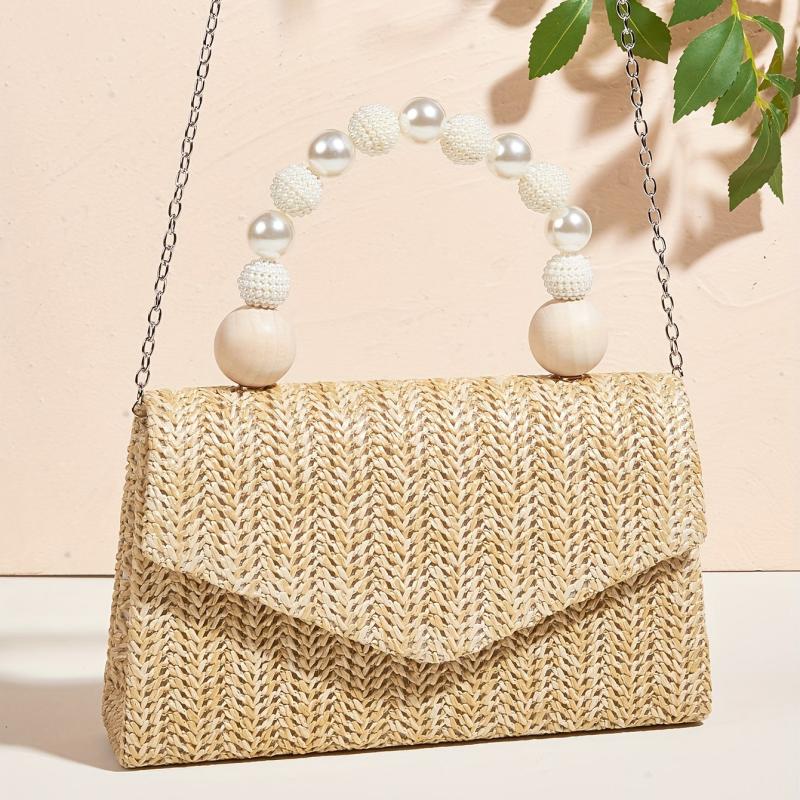 Straw Woven Evening Bag with Faux Pearl Handle Clutch Purse