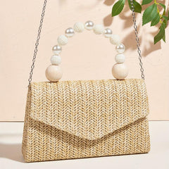 Straw Woven Evening Bag with Faux Pearl Handle Clutch Purse