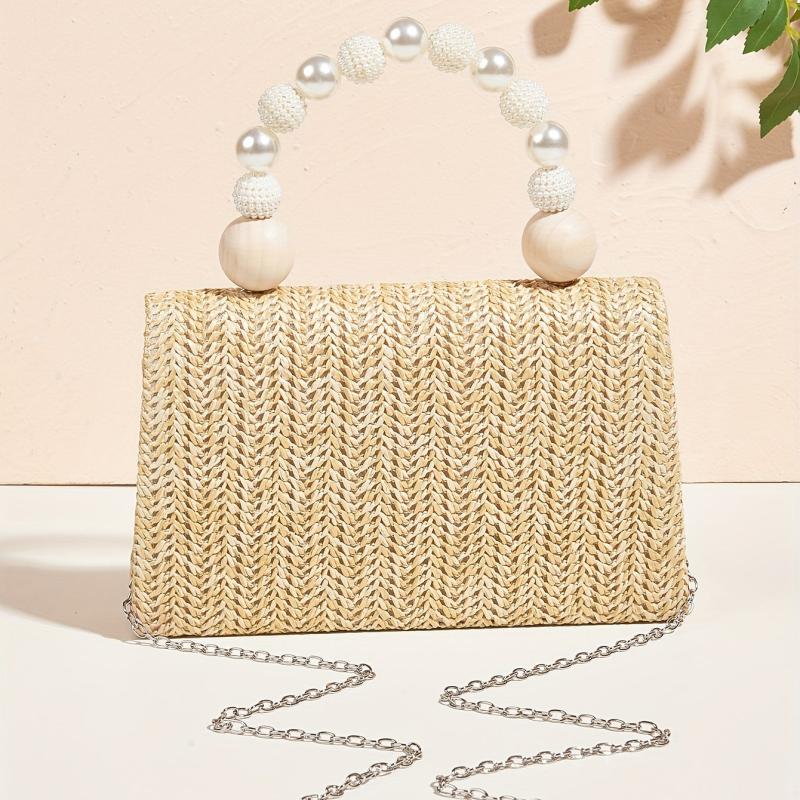Straw Woven Evening Bag with Faux Pearl Handle Clutch Purse