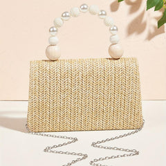 Straw Woven Evening Bag with Faux Pearl Handle Clutch Purse