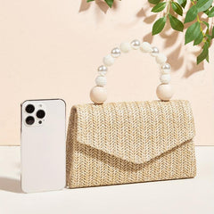 Straw Woven Evening Bag with Faux Pearl Handle Clutch Purse