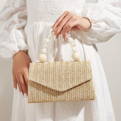 Straw Woven Evening Bag with Faux Pearl Handle Clutch Purse