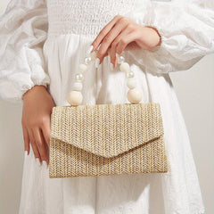 Straw Woven Evening Bag with Faux Pearl Handle Clutch Purse